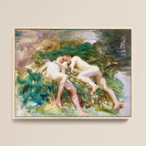 Tommies Bathing - John Singer Sargent Art Print / Canvas Watercolor Painting Light Wooden Frame Two Nude Figures John Singer Sargent,
