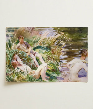 Watercolor Painting Three Figures Natural Rendered Soft Greens John Singer Sargent, Tommies Bathing, Sargent’s Evocative