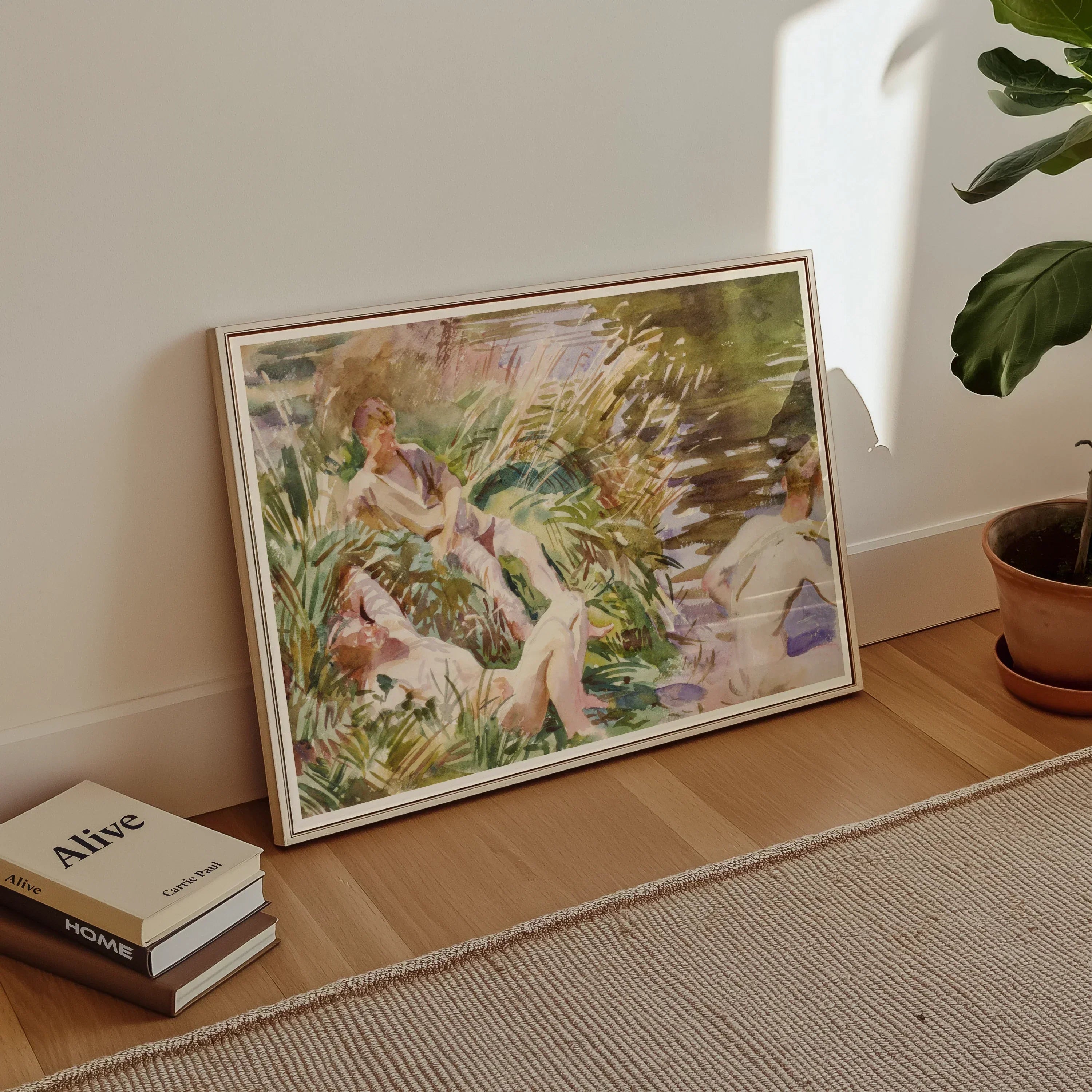 Tommies Bathing - John Singer Sargent Art Print, Framed Watercolor Painting Figures Garden Flowers Foliage