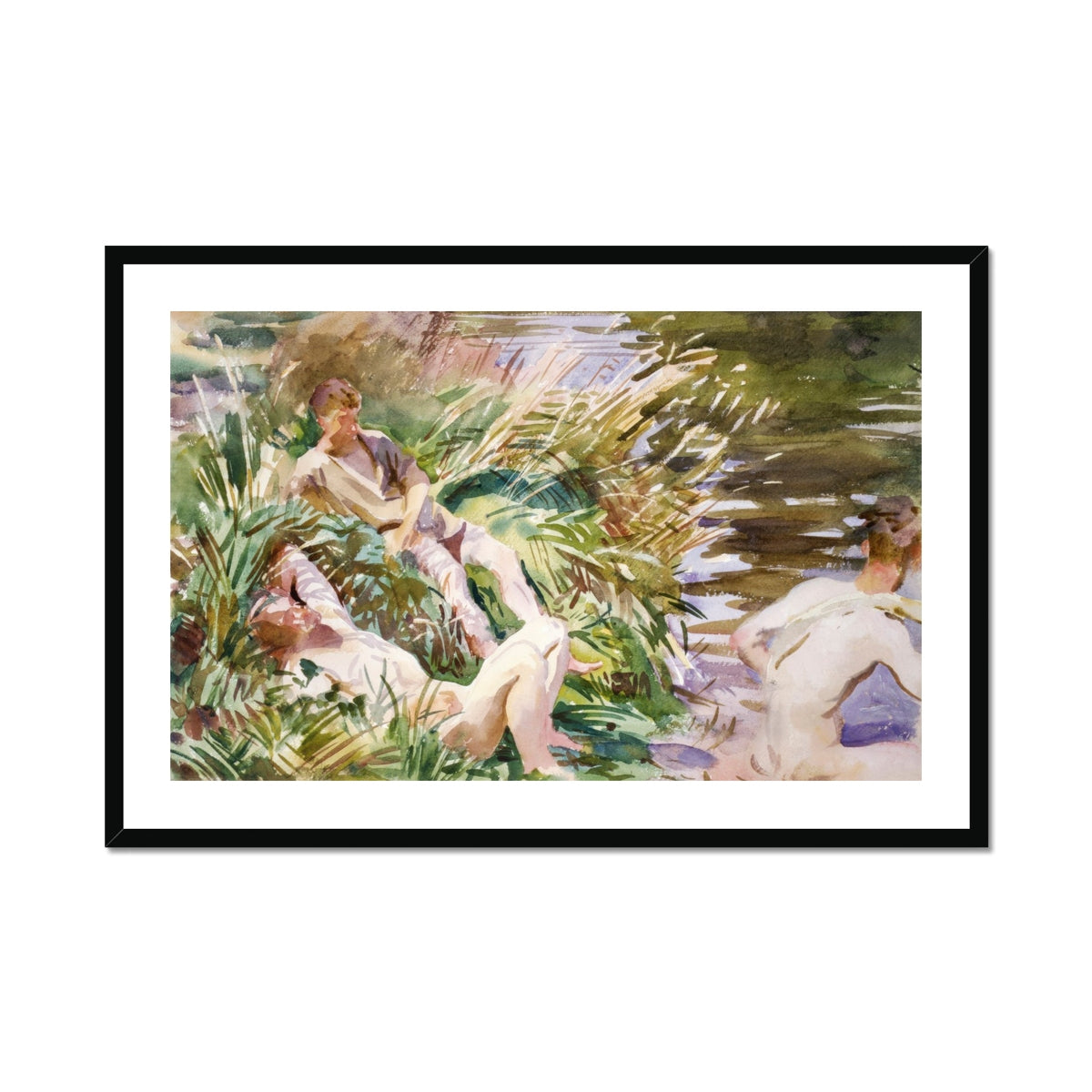 Tommies Bathing - John Singer Sargent Art Print, Framed Watercolor Painting People Among Reeds Riverbank