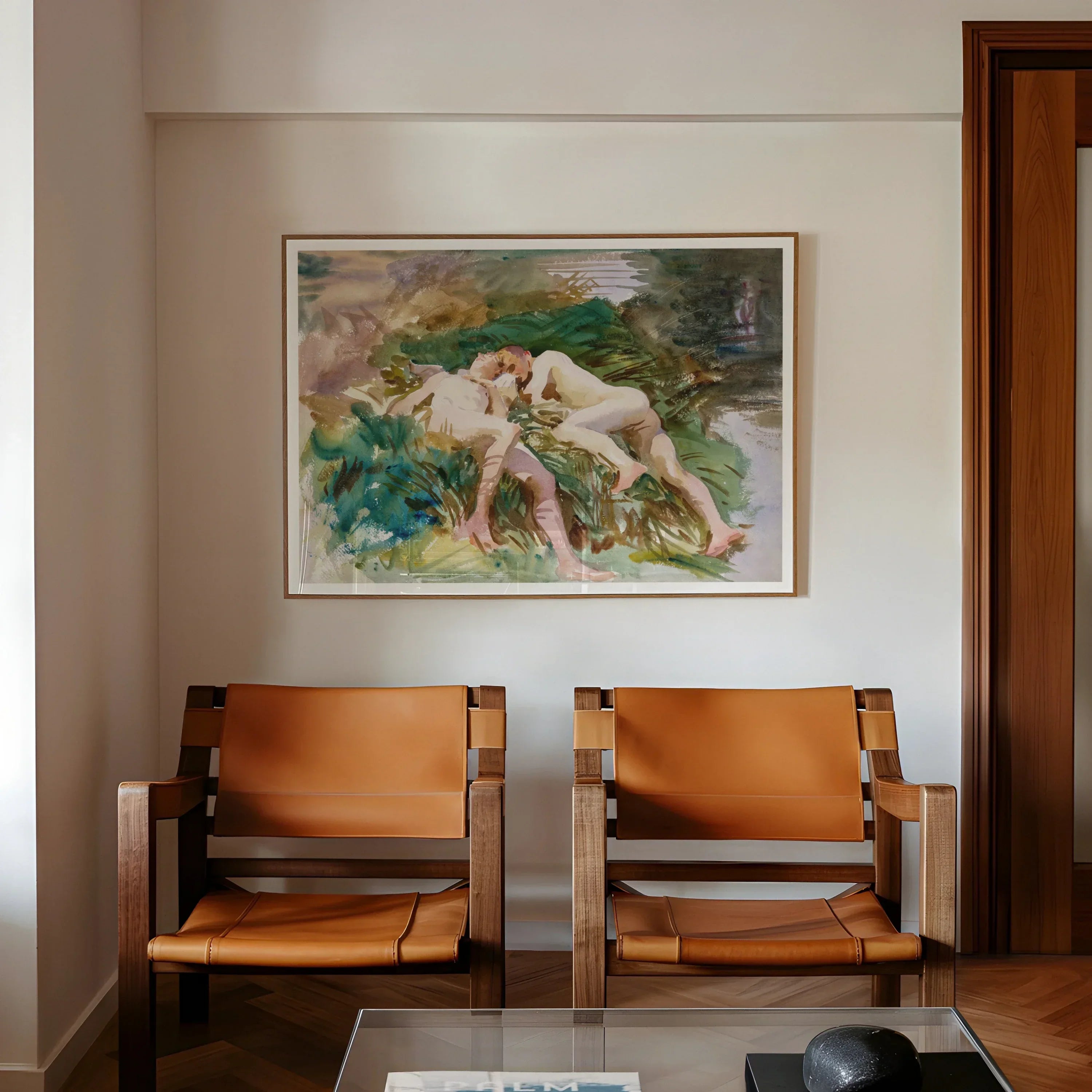 Tommies Bathing - John Singer Sargent Art Print, Two Mid-century Modern Leather Chairs Wooden Frames Positioned