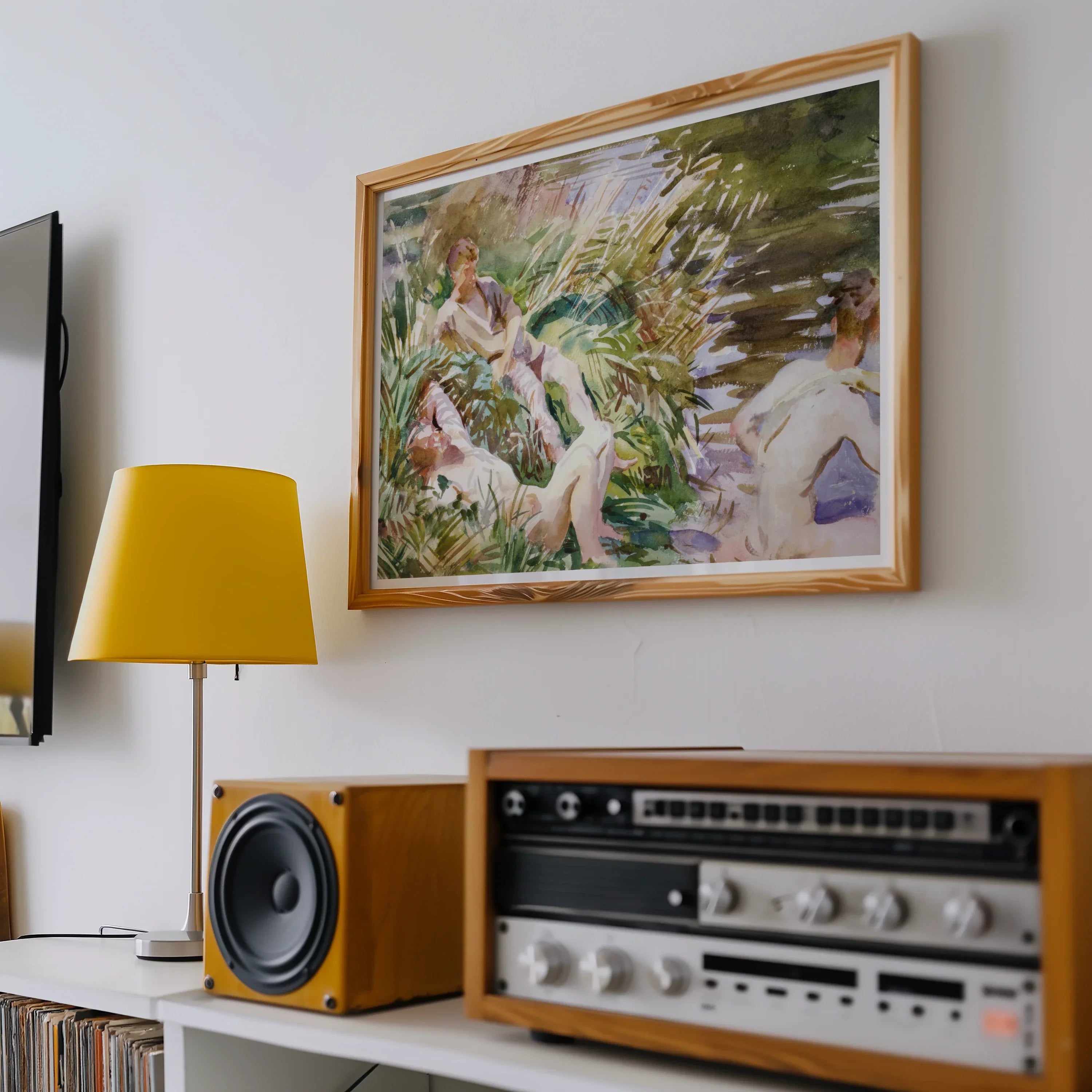 Tommies Bathing - John Singer Sargent Art Print, Vintage Stereo Receiver Wooden Speaker Yellow Table Lamp
