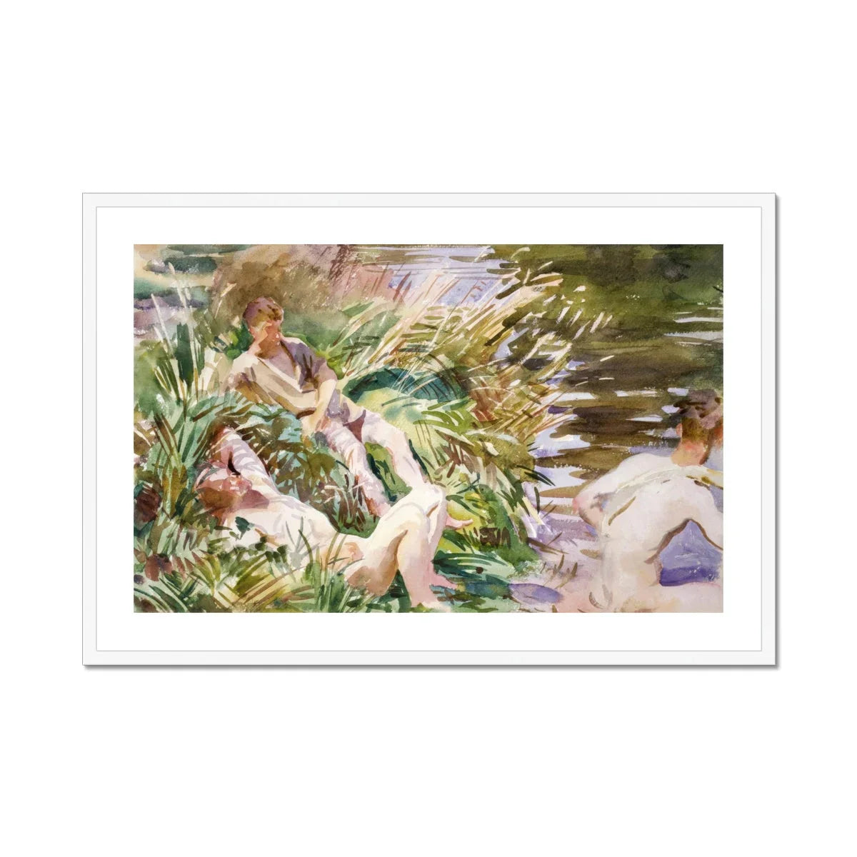 Tommies Bathing - John Singer Sargent Art Print, Watercolor Painting Figures Among Reeds Riverbank
