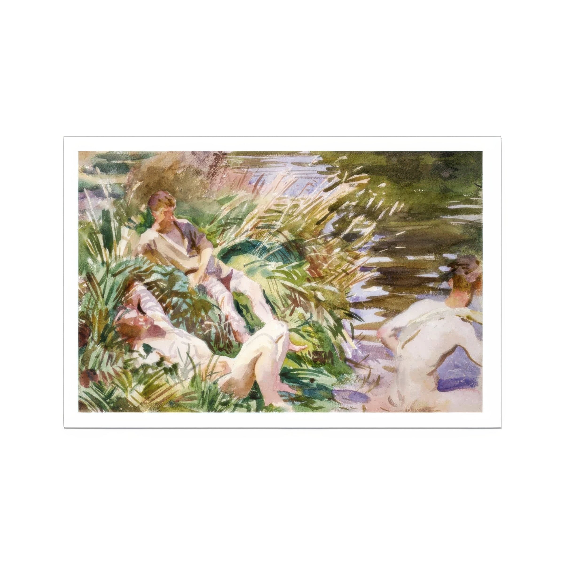 Tommies Bathing - John Singer Sargent Art Print, Watercolor Painting People Stream Among Tall Grasses Plants