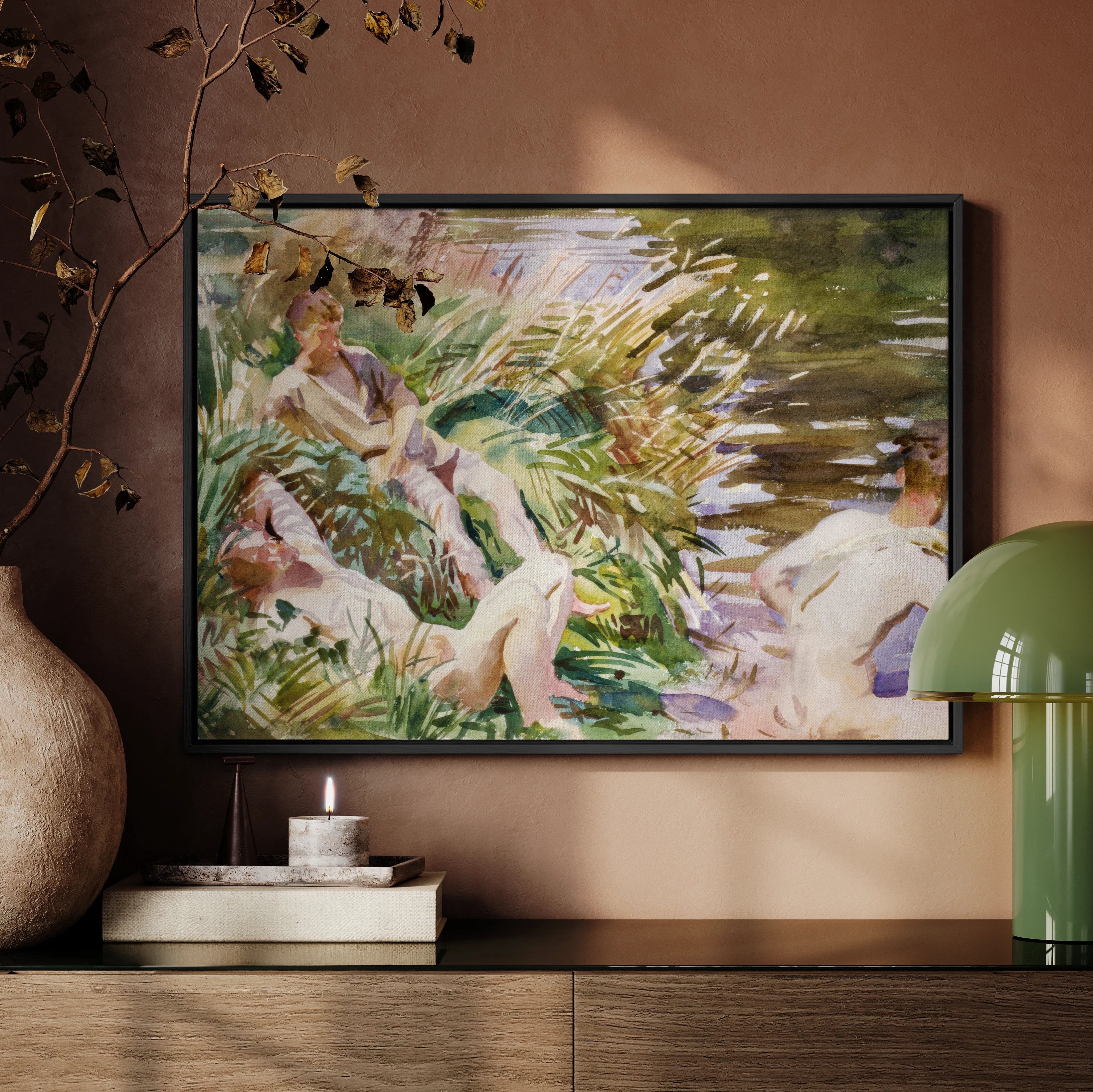 Tommies Bathing - John Singer Sargent Nude Framed Canvas, Framed Impressionist Painting Figures Lush Natural