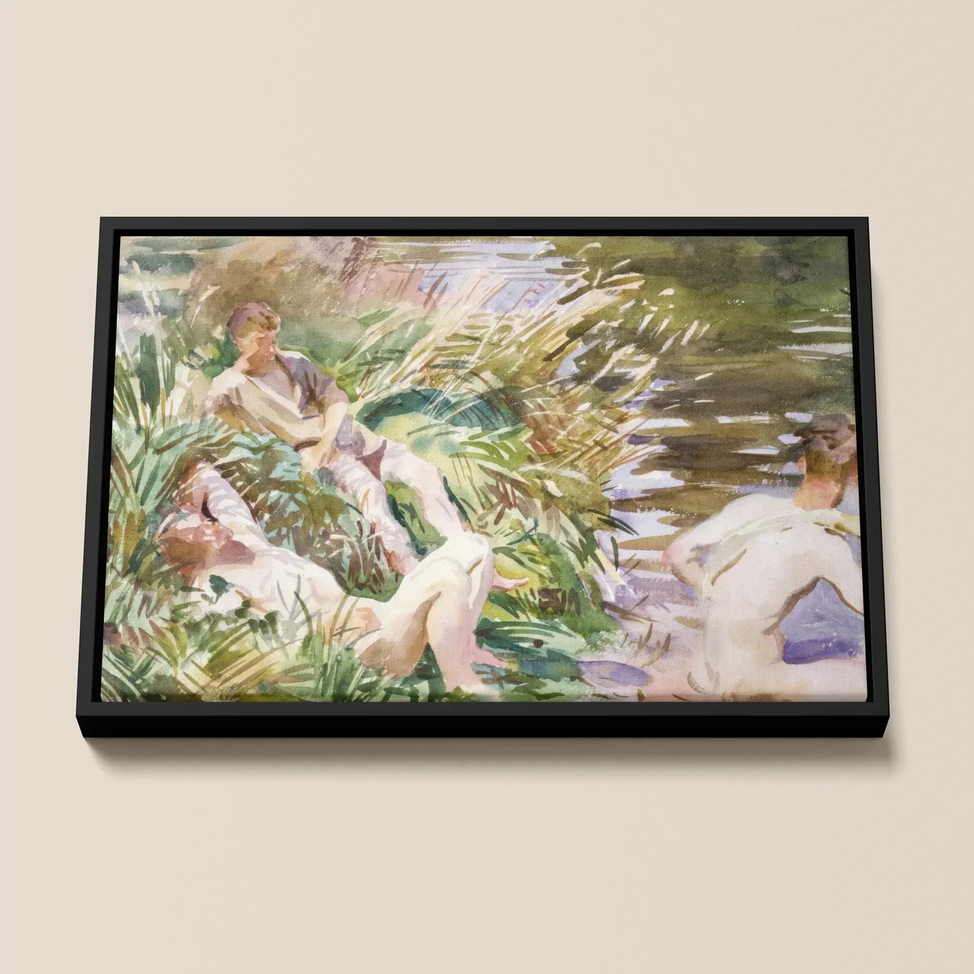 Tommies Bathing - John Singer Sargent Nude Framed Canvas, Framed Impressionist Painting Figures Tall Grass Water