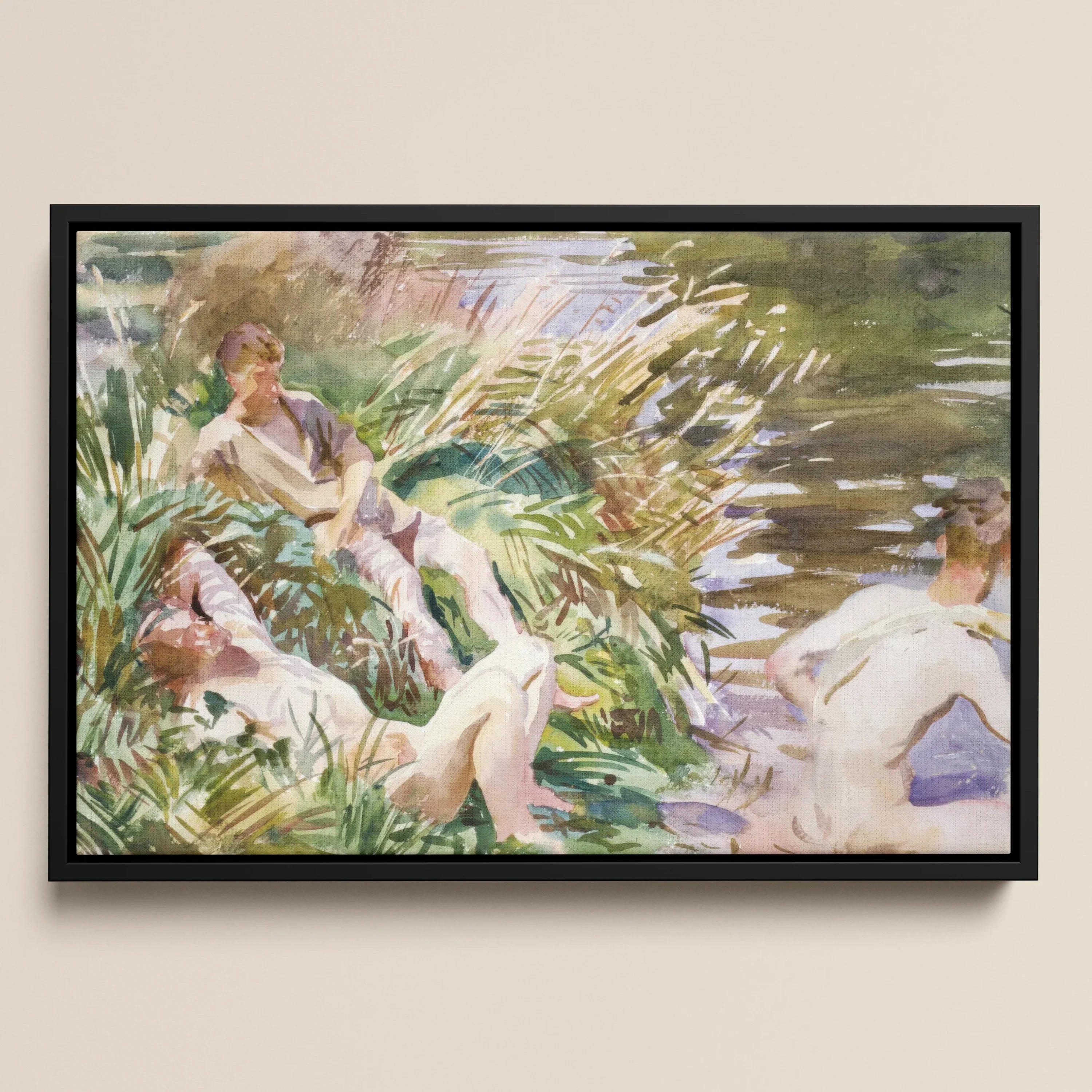 Tommies Bathing - John Singer Sargent Nude Framed Canvas, Impressionist Painting People Among Reeds Body Water