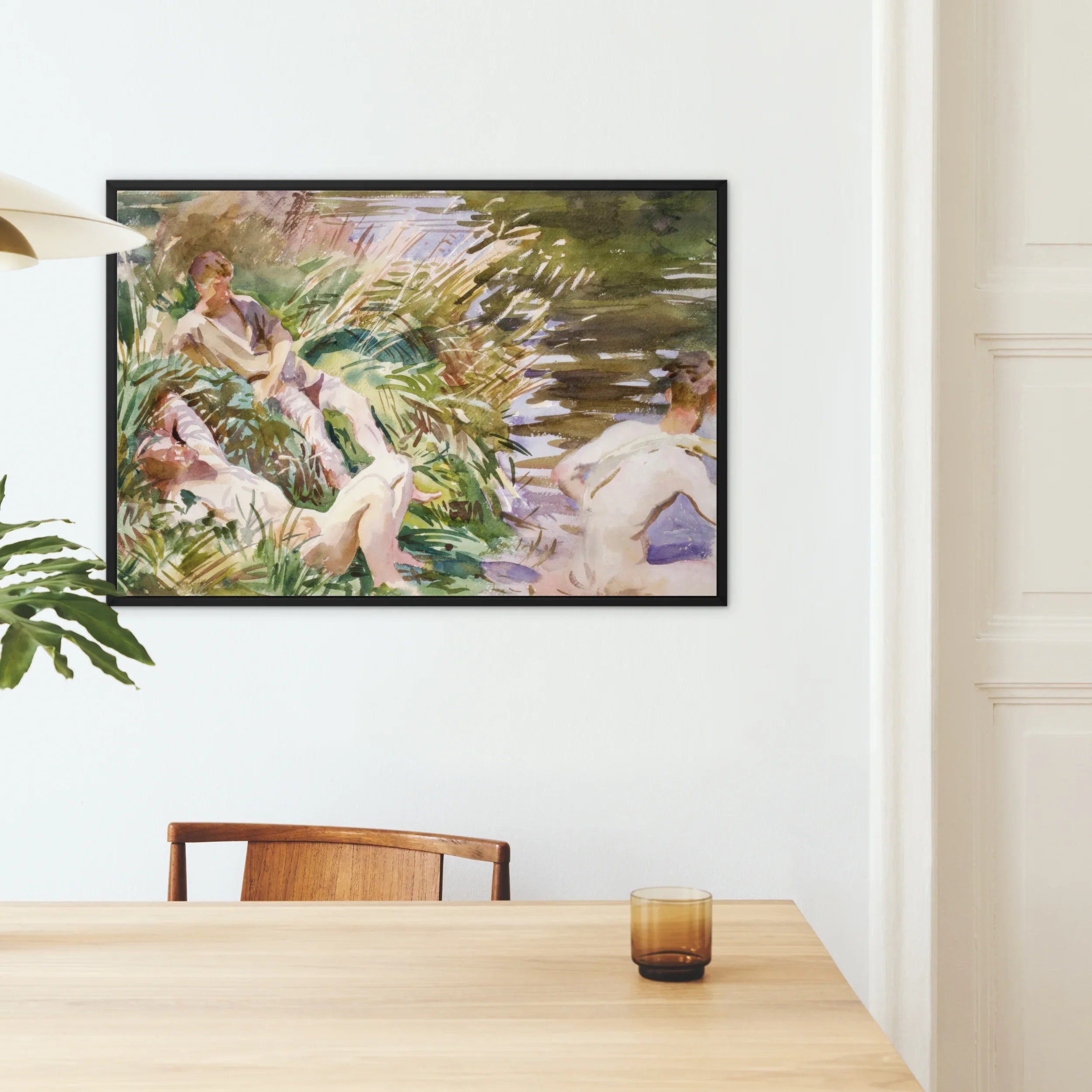 Tommies Bathing - John Singer Sargent Nude Framed Canvas, Framed Impressionist-style Painting Figures Among Lush