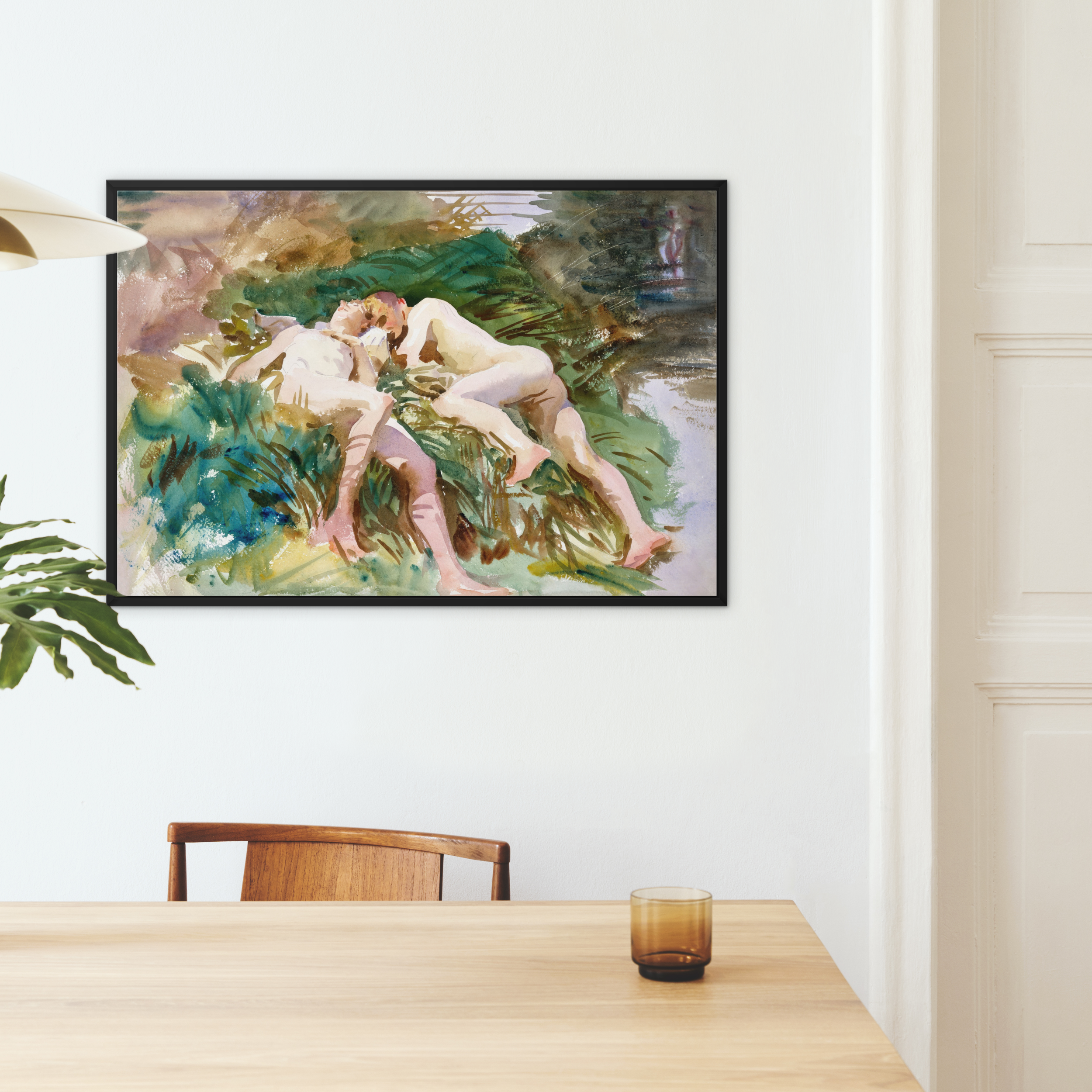 Tommies Bathing - John Singer Sargent Nude Framed Canvas, Framed Romantic Watercolor Painting Ethereal Figures Among Green