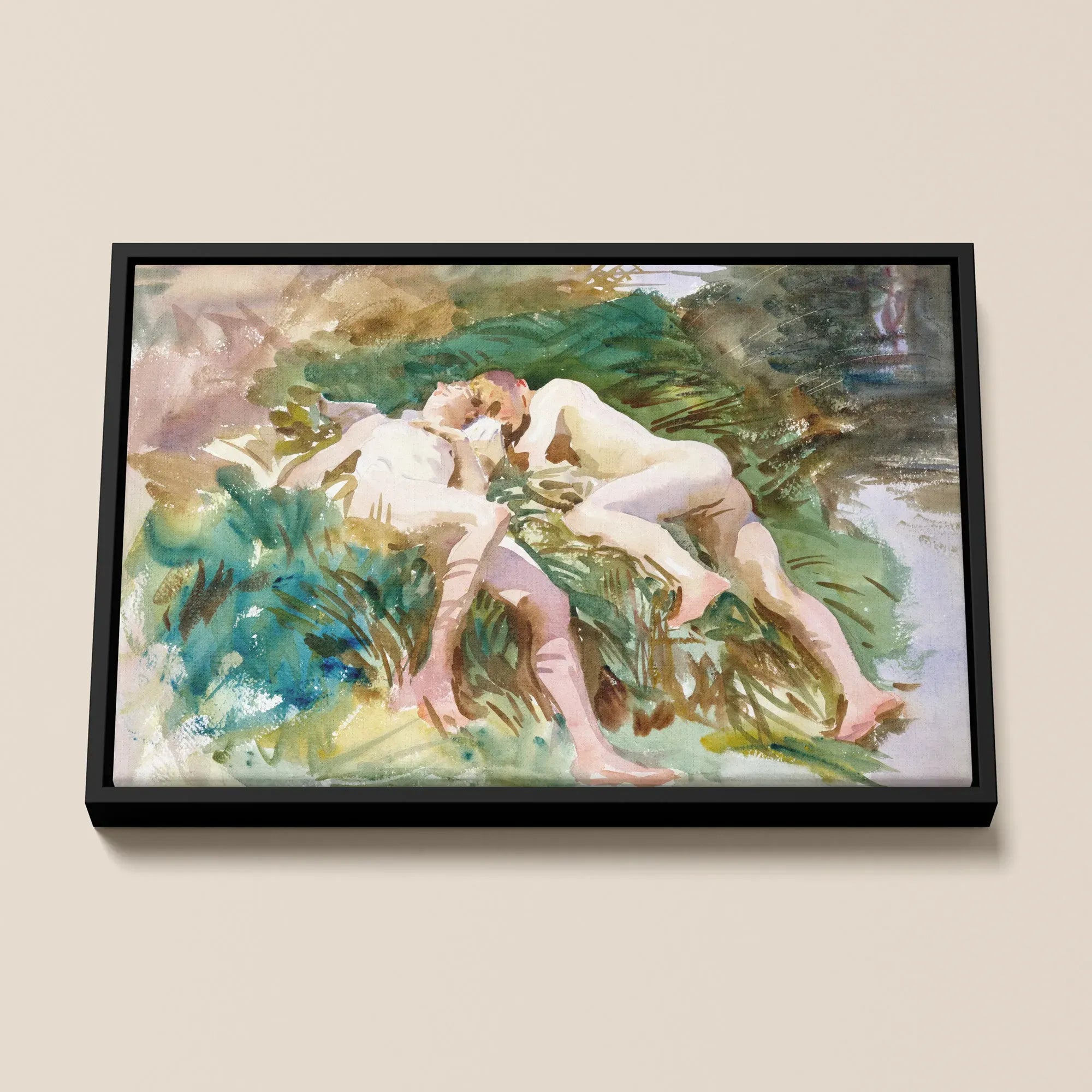 Tommies Bathing - John Singer Sargent Nude Framed Canvas, Framed Watercolor Painting Nude Figure Nature Green Foliage