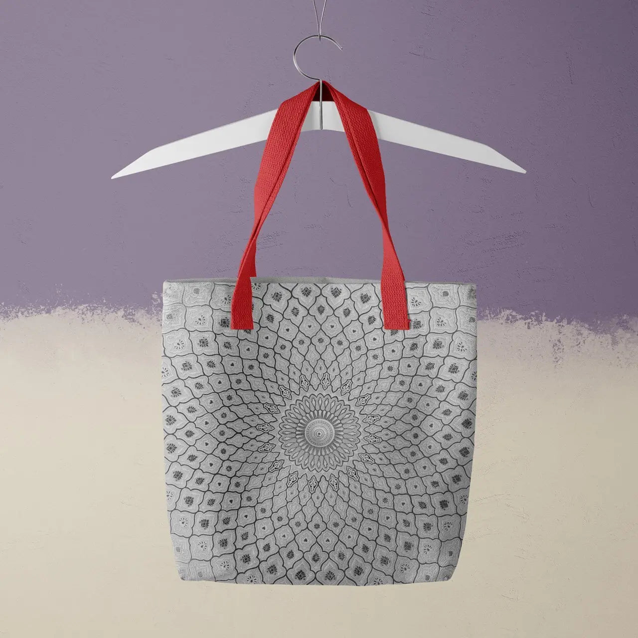 Divine Order - Black and White Islamic Pattern Tote Red Handles Bags