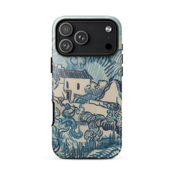 Blue Landscape with Houses - Vincent Van Gogh Phone Case Mobile Cases Blue Cream-colored Phone Case Stylized Landscape Design Reminiscent