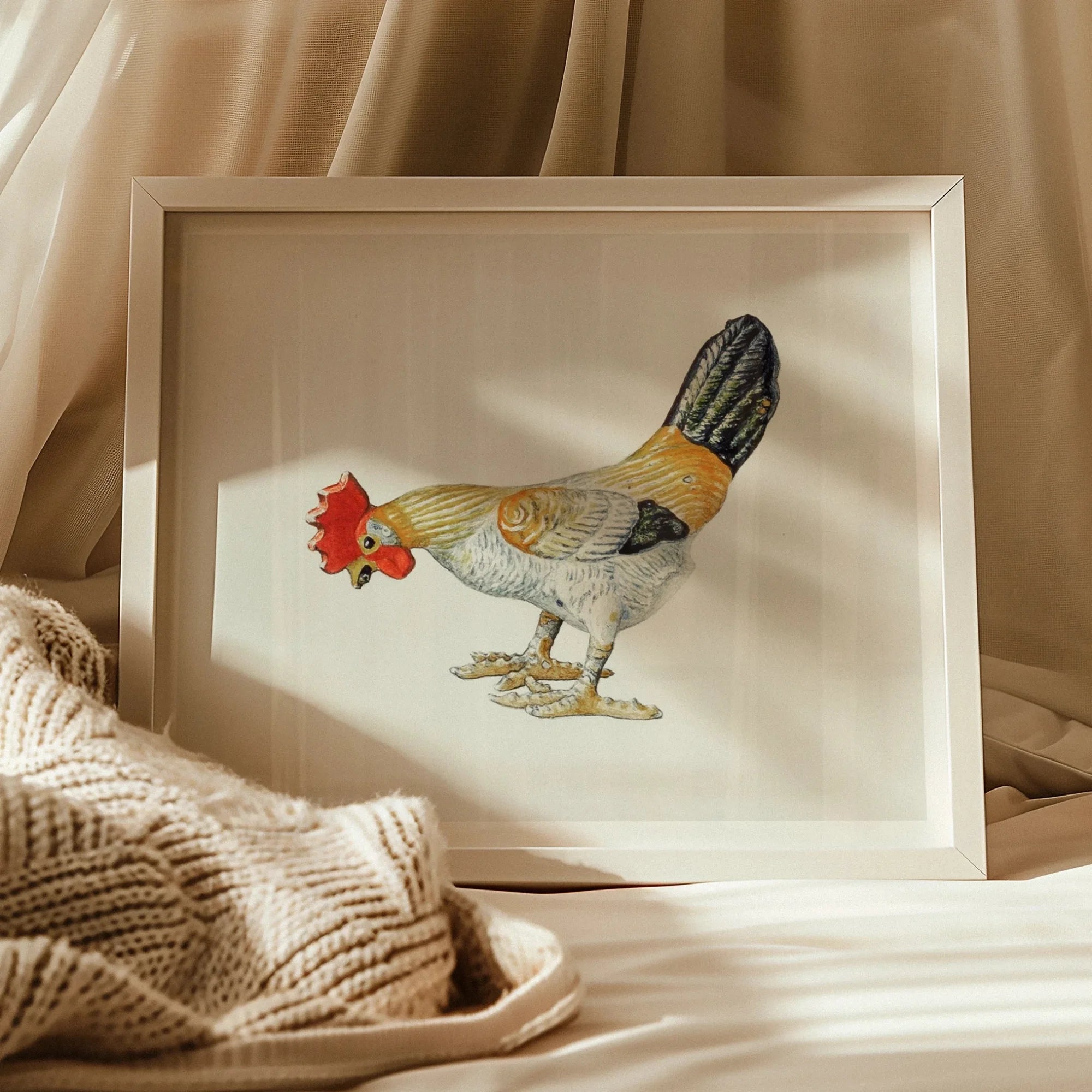 Toy Rooster - Lillian Hunter 1930s Kitchen Art Print, Framed Watercolor Painting Rooster Colorful Plumage