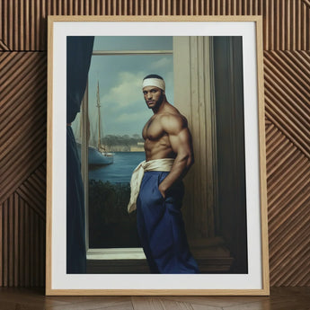 The Trade - Black Gay Sea Captain Art Print / Canvas Framed Portrait Muscular Man Blue Pants White Headband Gay Sea Captain, Black Sea,