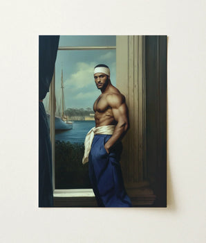 Muscular Man Blue Robe White Headband Stands Window Gay Sea Captain, Black, Art Print