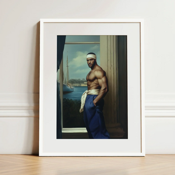 The Trade - Black Gay Sea Captain Art Print / Canvas White-framed Portrait Muscular Man Blue Trousers White Headband Gay Sea Captain, Black