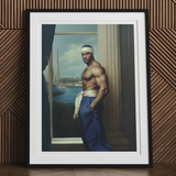 The Trade - Black Gay Sea Captain Art Print, Framed Portrait Photograph Muscular Shirtless Man Headband Blue