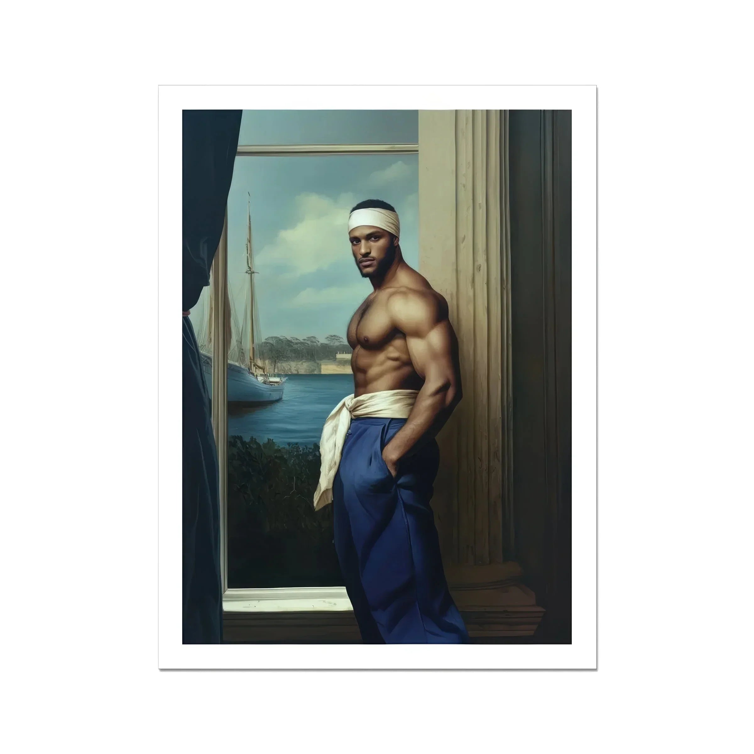 The Trade - Black Gay Sea Captain Art Print, Muscular Shirtless Man Blue Pants White Headband Doorway