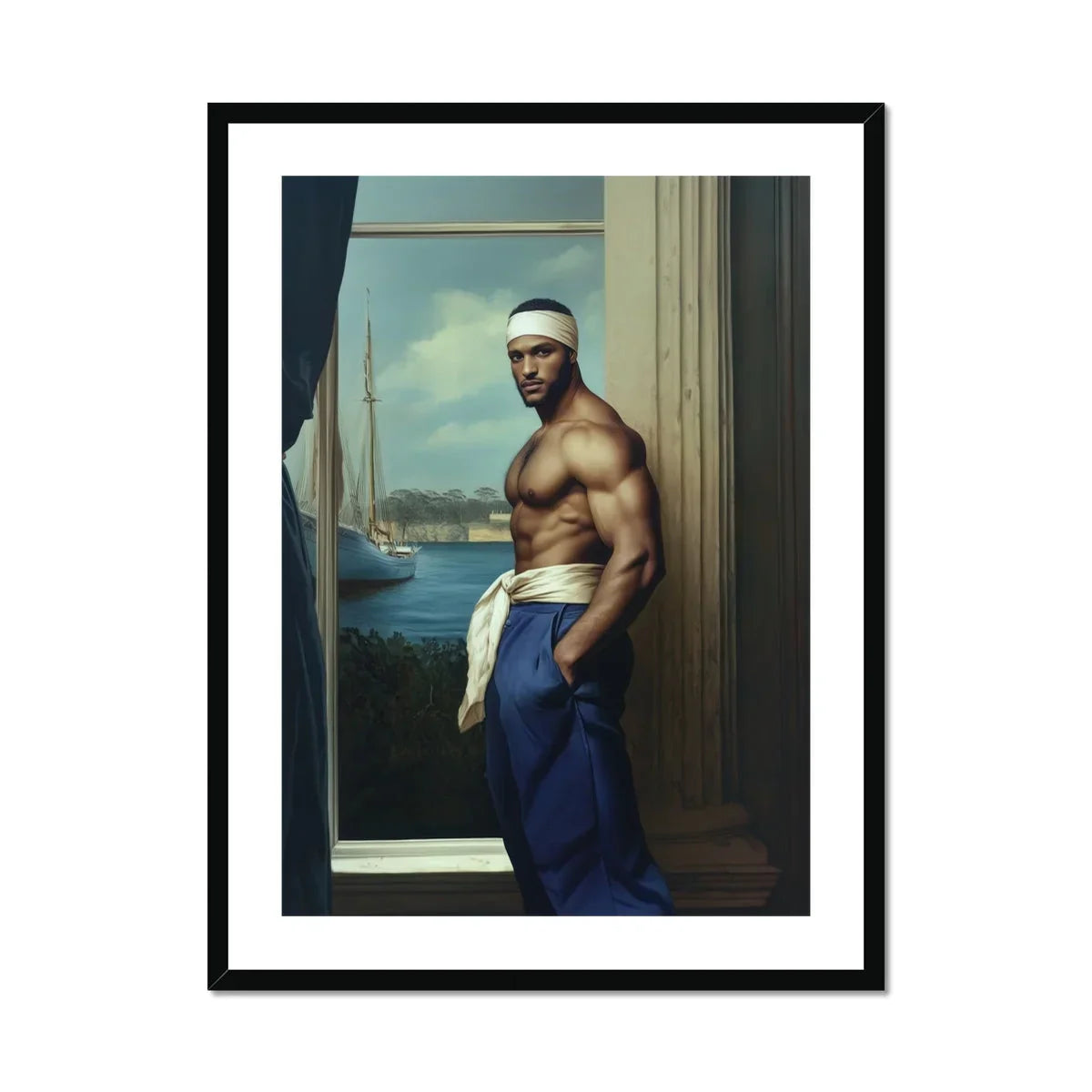The Trade - Black Gay Sea Captain Art Print, Muscular Shirtless Person Navy Blue Pants White Headband