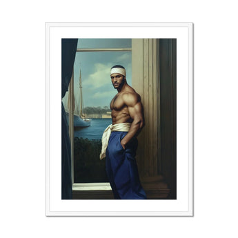 The Trade - Black Gay Sea Captain Art Print, Muscular Shirtless Person Navy Blue Pants White Headband