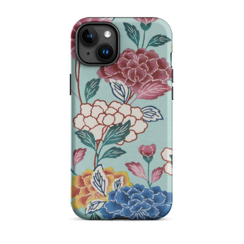 Tree Peonies Bingata Panel Iphone Case, 15 Plus / Matte, Light Blue Iphone Case Colorful Floral Pattern