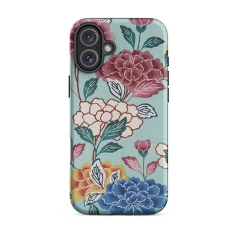 Tree Peonies Bingata Panel Iphone Case, 16 Plus / Matte, Smartphone Floral-patterned Case Colorful Blooms Light Blue-green Background