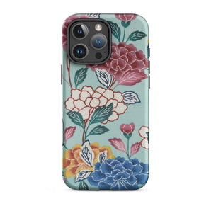 Tree Peonies Bingata Panel Iphone Case, 16 Pro Max / Matte, Smartphone Case Colorful Floral Pattern Light Teal Background