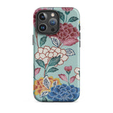 Tree Peonies Bingata Panel Iphone Case, 16 Pro Max / Matte, Smartphone Case Colorful Floral Pattern Light Teal Background