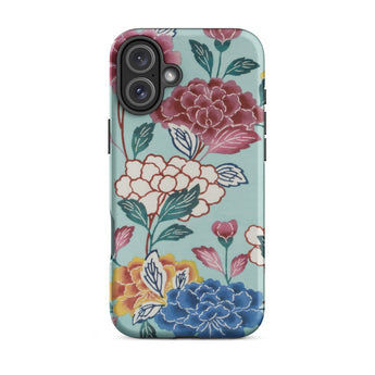 Tree Peonies Bingata Panel Phone Case Iphone 16 Plus / Matte Smartphone Floral-patterned Case Colorful Blooms Light Blue-green Background