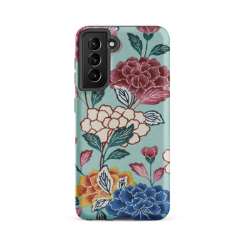Tree Peonies Bingata Panel Samsung Case, Galaxy S21 Fe / Matte, Smartphone Floral-patterned Case Light Blue Background Colorful Flowers