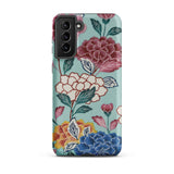 Tree Peonies Bingata Panel Samsung Case, Galaxy S21 Plus / Matte, Smartphone Case Vibrant Floral Pattern Light Teal Background