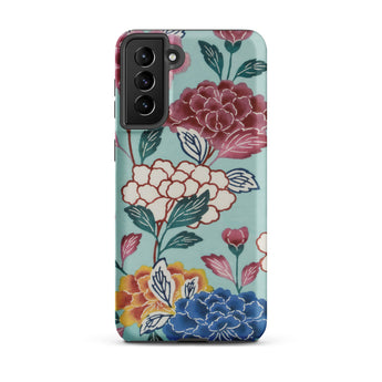 Tree Peonies Bingata Panel Samsung Case, Galaxy S21 Plus / Matte, Smartphone Case Vibrant Floral Pattern Light Teal Background
