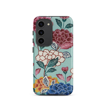 Tree Peonies Bingata Panel Samsung Case, Galaxy S23 / Matte, Mint Green Smartphone Case Vibrant Floral Pattern