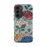 Tree Peonies Bingata Panel Samsung Case, Galaxy S23 Plus / Matte, Smartphone Case Teal Background Floral Pattern Red White