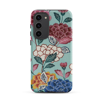 Tree Peonies Bingata Panel Samsung Case, Galaxy S23 Plus / Matte, Smartphone Case Teal Background Floral Pattern Red White
