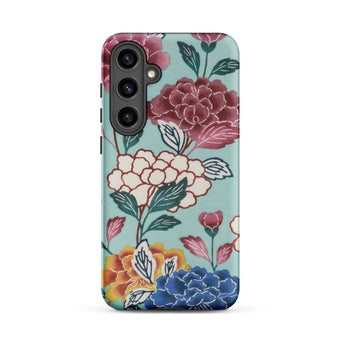 Tree Peonies Bingata Panel Samsung Case, Galaxy S24 Plus / Matte, Smartphone Case Colorful Floral Pattern Light Blue Background
