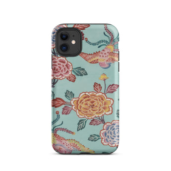 Tree Peonies & Peacocks Bingata Panel Iphone Case, 11 / Matte, Iphone Case Teal Background Pattern Colorful Flowers Birds