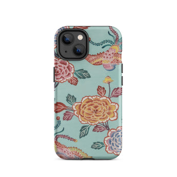 Tree Peonies & Peacocks Bingata Panel Iphone Case, 14 / Matte, Iphone 13 Teal Floral Bird Pattern Case