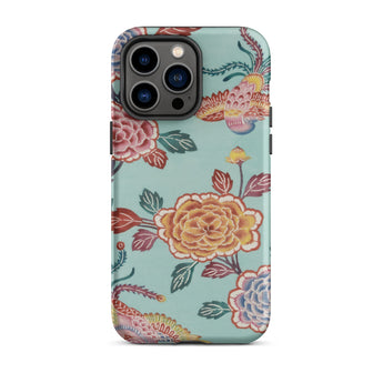 Tree Peonies & Peacocks Bingata Panel Iphone Case, 14 Pro Max / Matte, Iphone Light Blue Floral-patterned Case