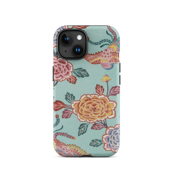 Tree Peonies & Peacocks Bingata Panel Iphone Case, 15 / Matte, Iphone Case Floral Bird Pattern Light Blue-green Background