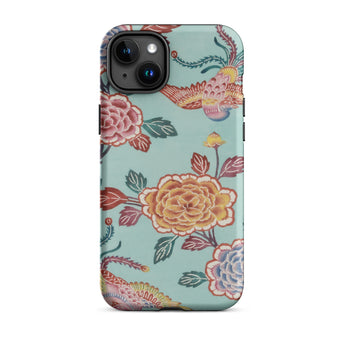 Tree Peonies & Peacocks Bingata Panel Iphone Case, 15 Plus / Matte, Iphone Case Teal Background Colorful Floral Bird