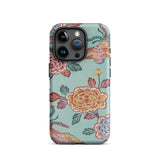 Tree Peonies & Peacocks Bingata Panel Iphone Case, 15 Pro / Matte, Iphone Case Floral Pattern Light Blue-green Background