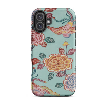 Tree Peonies & Peacocks Bingata Panel Iphone Case, 16 Plus / Matte, Mint Green Phone Case Floral Bird Pattern