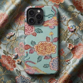 Tree Peonies & Peacocks Bingata Panel Phone Case Mint Green Phone Case Adorned Vibrant Detailed Floral Hand-dyed Bingata Cloth, Peonies