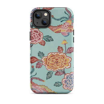 Tree Peonies & Peacocks Bingata Panel Phone Case Iphone 14 Plus / Matte Smartphone Case Teal Background Floral Bird Pattern Hand-dyed