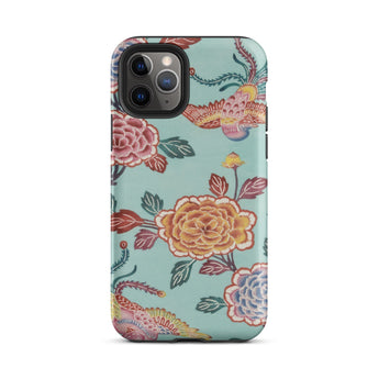 Tree Peonies & Peacocks Bingata Panel Phone Case Iphone 11 Pro / Matte Teal Phone Case Vibrant Floral Bird Pattern Hand-dyed Bingata Cloth,