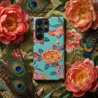 Tree Peonies & Peacocks Bingata Panel Phone Case Turquoise Phone Case Adorned Intricate Embroidered Floral Bird Hand-dyed Bingata Cloth,
