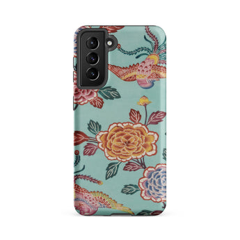 Tree Peonies & Peacocks Bingata Panel Samsung Case, Galaxy S21 Fe / Matte, Teal Phone Case Floral Bird Pattern