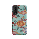 Tree Peonies & Peacocks Bingata Panel Samsung Case, Galaxy S21 / Matte, Smartphone Case Teal Background Colorful Floral Bird Pattern