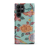 Tree Peonies & Peacocks Bingata Panel Samsung Case, Galaxy S22 Ultra / Matte, Smartphone Case Teal Background Floral Bird Pattern